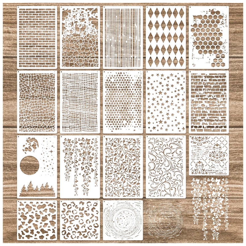 Yhliua Cubist Mixed Media Layering Stencils for Painting on Wood, Texture Demask Leaf Tree Brick Striped Background Pattern Stencils for Crafts Wall Shoe Cards Canvas Furniture (Texture) - Image 1