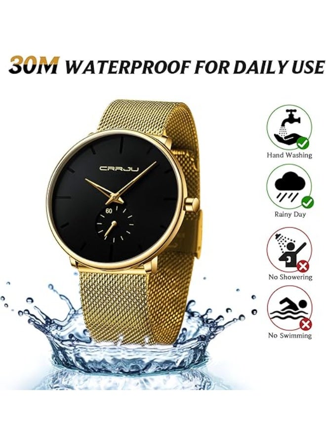 كرجو ساعة يد CRRJU لون ذهبي فائقة النحافة فاخرة للنساء ، ساعة مقاومة للماء مع سوار شبكي - ذهبي عقارب بلون ذهبي خلفية بلون أسود - Image 2