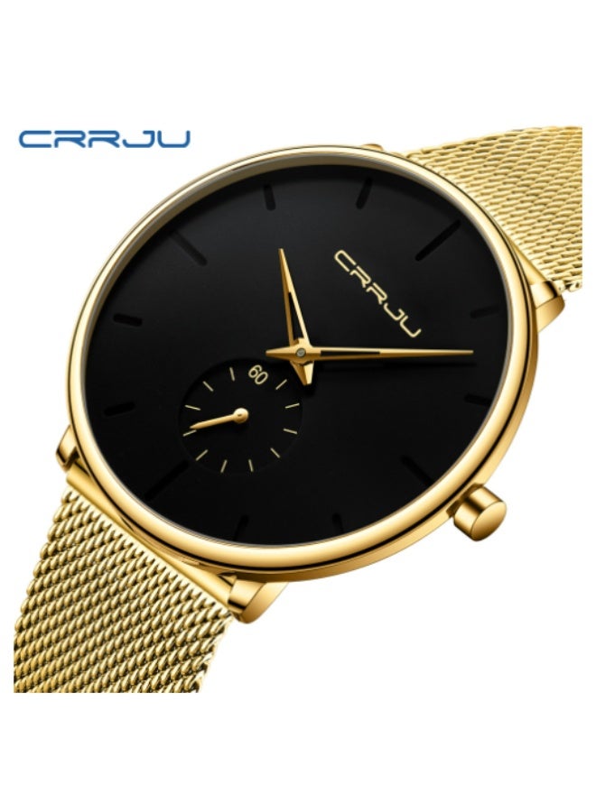 كرجو ساعة يد CRRJU لون ذهبي فائقة النحافة فاخرة للنساء ، ساعة مقاومة للماء مع سوار شبكي - ذهبي عقارب بلون ذهبي خلفية بلون أسود - Image 1
