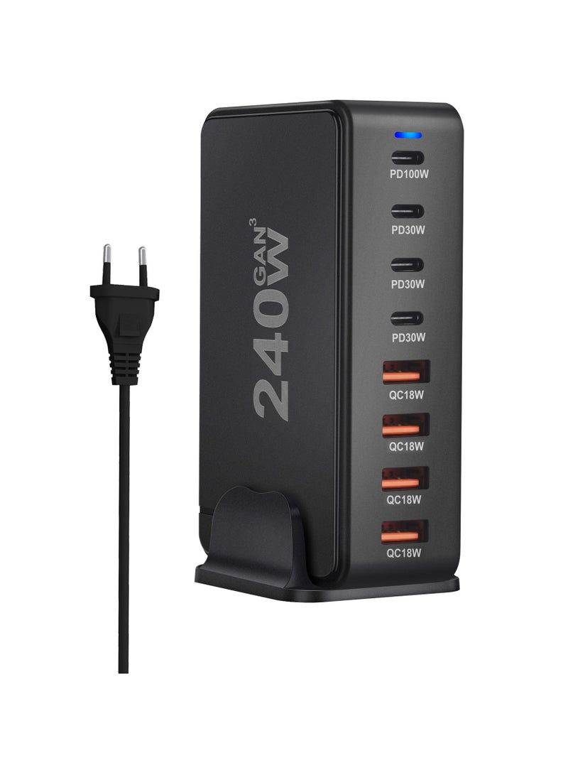 AROAQ 240W Gan USB Type C Fast Charger, Multiple Use 8 Ports PD QC4.0 Laptop Charger, Safe And Durable Desktop Charger Compatible for Macbook Pro/Air/Ipad Pro/Iphone, (240W European standard, Black) - Image 1