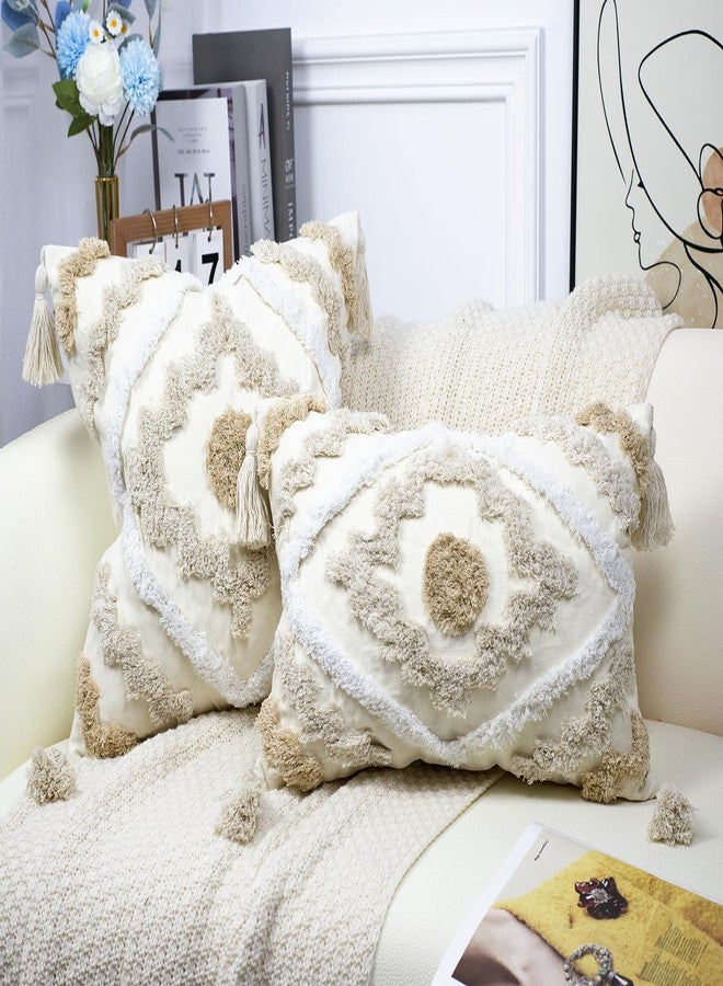 NUYECY Decorative Farmhouse Throw Pillow Covers 16 x 16,Modern Neutral Couch Pillow Cover,Cotton Checked Pattern Boho Square Pillow Case Cover for Couch Bed Sofa Bedroom,Khaki&Beige&White - Image 2