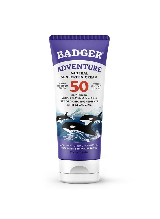 Badger واقي شمسي معدني بعامل حماية من أشعة الشمس 50 وأكسيد الزنك مع 98% من المكونات العضوية من Reefsafe Broadspectrum مضاد للحساسية ومقاوم للماء وعديم الرائحة ومضاد للشمس للرياضة والمغامرات 2.9 أونصة سائلة  - Image 1