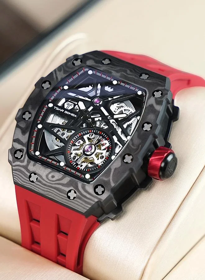 TSAR BOMBA Elemental Series 43mm Automatic Men's Watch with Red Premium Rubber Strap