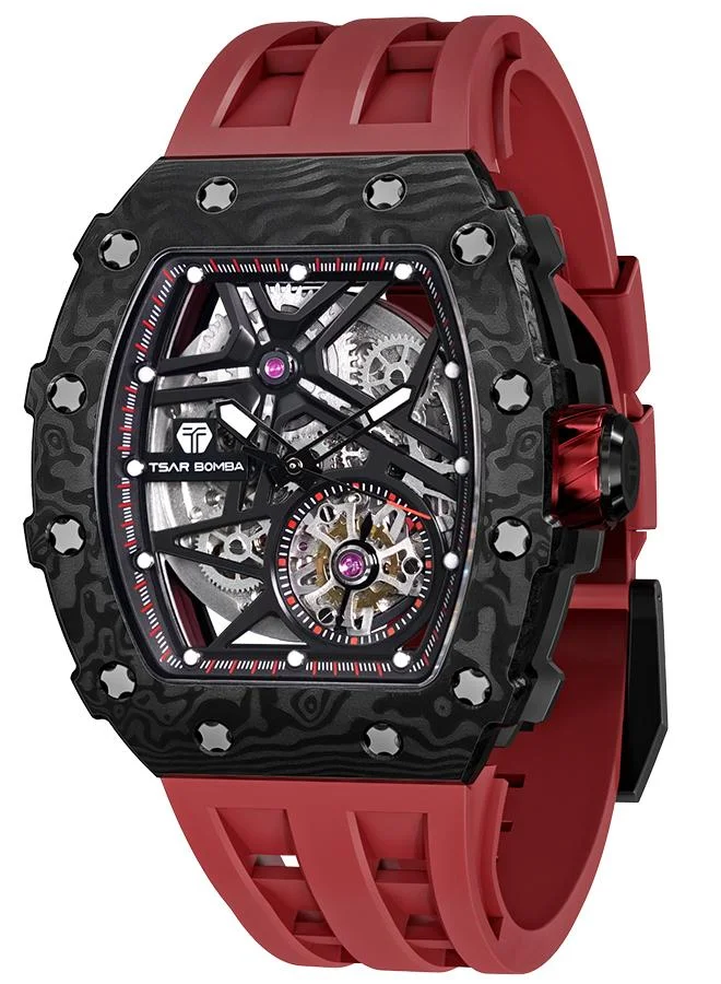 TSAR BOMBA Elemental Series 43mm Automatic Men's Watch with Red Premium Rubber Strap