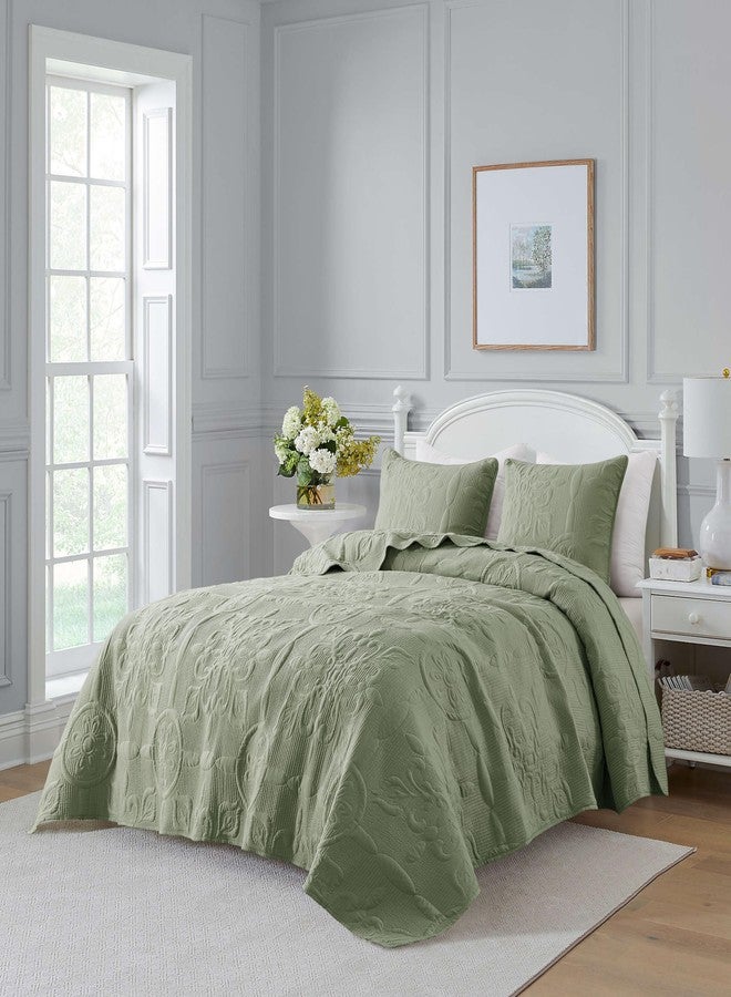 B2EVER Green Damask Quilt Queen Size Bedding Sets with 2 Pillow Shams, Boho Bedspread Lightweight Soft Farmhouse Vintage Bohemian Coverlet Retro Jacquard Pattern Bed Cover for All Season, 3 Pieces - Image 2