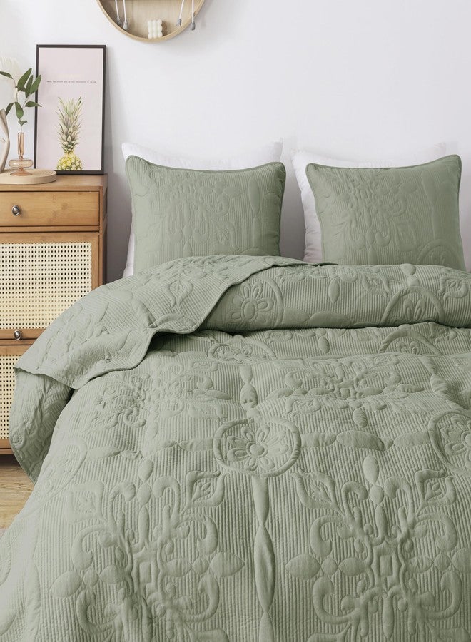 B2EVER Green Damask Quilt Queen Size Bedding Sets with 2 Pillow Shams, Boho Bedspread Lightweight Soft Farmhouse Vintage Bohemian Coverlet Retro Jacquard Pattern Bed Cover for All Season, 3 Pieces - Image 3