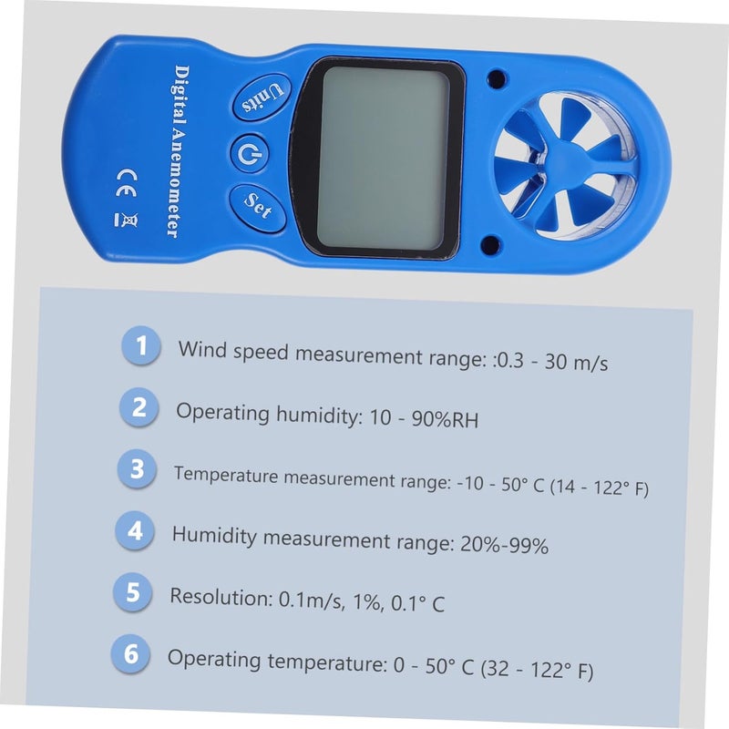 مقياس حرارة ورطوبة محمول أزرق GLEAVI مع شاشة LCD لقياس سرعة تدفق الهواء والرياح - Image 3