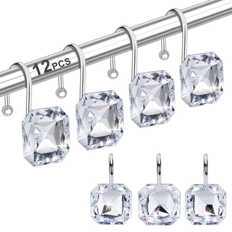 Yapicoco Shower Curtain Hooks Rings for Bathroom Stainless Steel Rust Resistant Decorative Rhinestones Square Clear Shower Hooks Hangers for Shower Curtains Clothing Towels etc