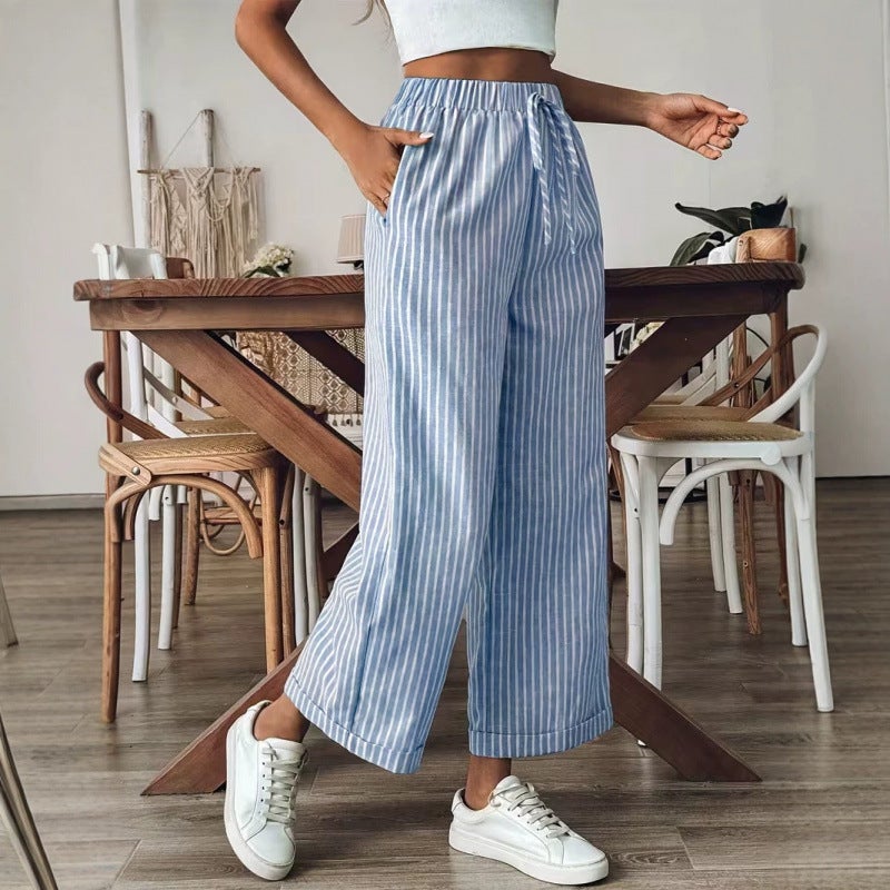 Casual Linen-Cotton Striped Wide-Leg Pants with Pockets - Image 2