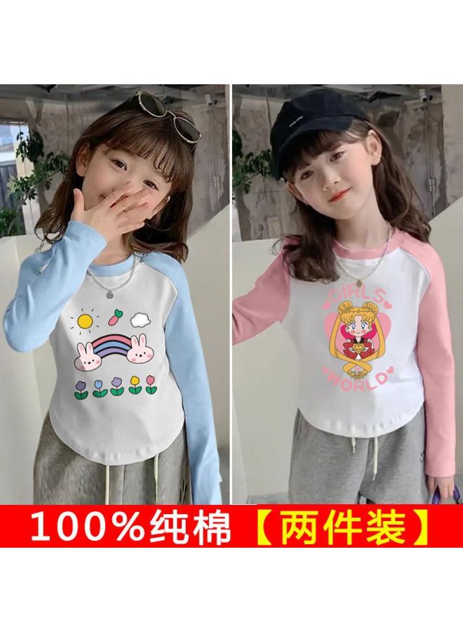 Girls' Spring & Fall New Color-blocked Pure Cotton Long-sleeved T-shirt Baby's Curved Top With Upper And Lower Hem Korean Style Western Style Bottoming Shirt