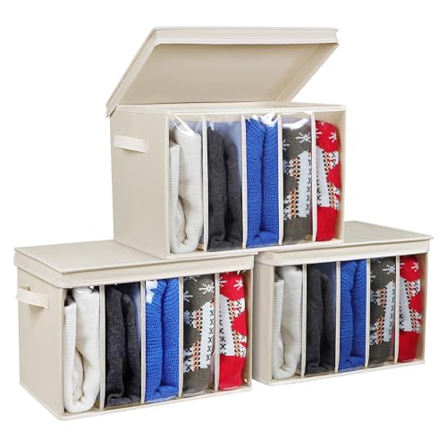 Zilink Upgraded Clothes Organizers with Lids and Support Boards Large Sweater Organizer for Closet Shelf with 5 Grids Divider Wardrobe Organizer for Sweaters, Jeans, Pants, Beige, 3 Pack - Image 1