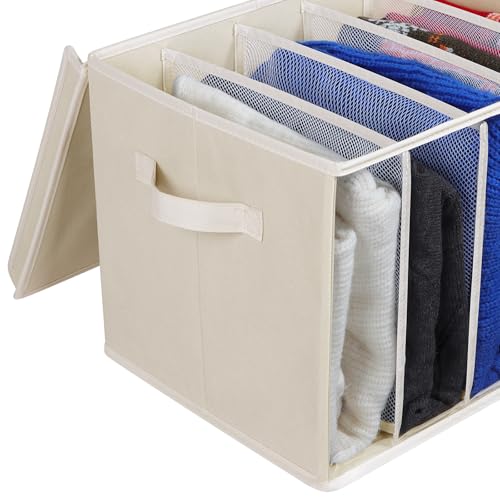 Zilink Upgraded Clothes Organizers with Lids and Support Boards Large Sweater Organizer for Closet Shelf with 5 Grids Divider Wardrobe Organizer for Sweaters, Jeans, Pants, Beige, 3 Pack - Image 3