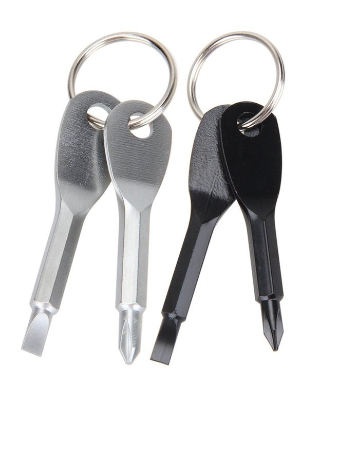 Armear 2 Set(4PCS) Portable Multifunction Key Chain Screwdriver Mini Key Shape Travel Kits Outdoor EDC Screwdriver Tool with Key Ring(Color: Black Silver) - Image 1