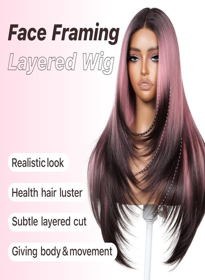 BrownBomb Ombre Smoky Pink Face Framing Layered Wig Pre-Cut Pre-Plucked Hairline Pre-Colored Pre-Styled Synthetic Lace Wig Ready to Wear 26inch Wig for Beginners - Image 2