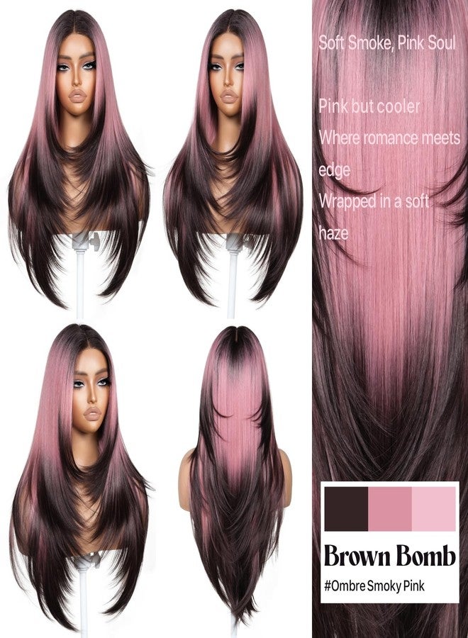 BrownBomb Ombre Smoky Pink Face Framing Layered Wig Pre-Cut Pre-Plucked Hairline Pre-Colored Pre-Styled Synthetic Lace Wig Ready to Wear 26inch Wig for Beginners - Image 4