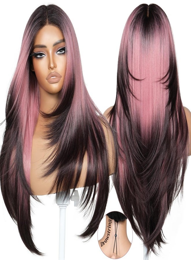 BrownBomb Ombre Smoky Pink Face Framing Layered Wig Pre-Cut Pre-Plucked Hairline Pre-Colored Pre-Styled Synthetic Lace Wig Ready to Wear 26inch Wig for Beginners - Image 1