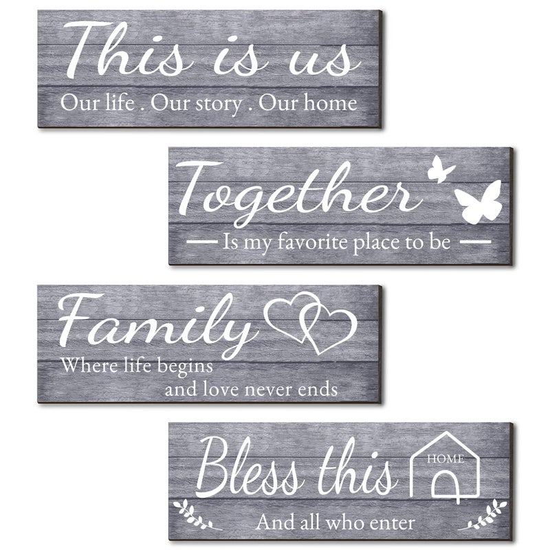 Joyhawk 4 Pieces Wall Decor Signs THIS IS US TOGETHER BLESS THIS HOME FAMILY Rustic Wooden Farmhouse Wall Art Dcor For Living Room Bedroom Kitchen  47 x 138 InchGrey