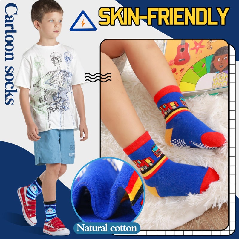 Welwoos Baby Boys Grips Socks Kids Toddlers Infants Non Slip Anti Skid Funny Animal Cartoon Gift Cotton Socks with Grippers 12 Pairs Stocking Stuffers (Dinosaur/Cars/Shark,5-8 Y) - Image 2