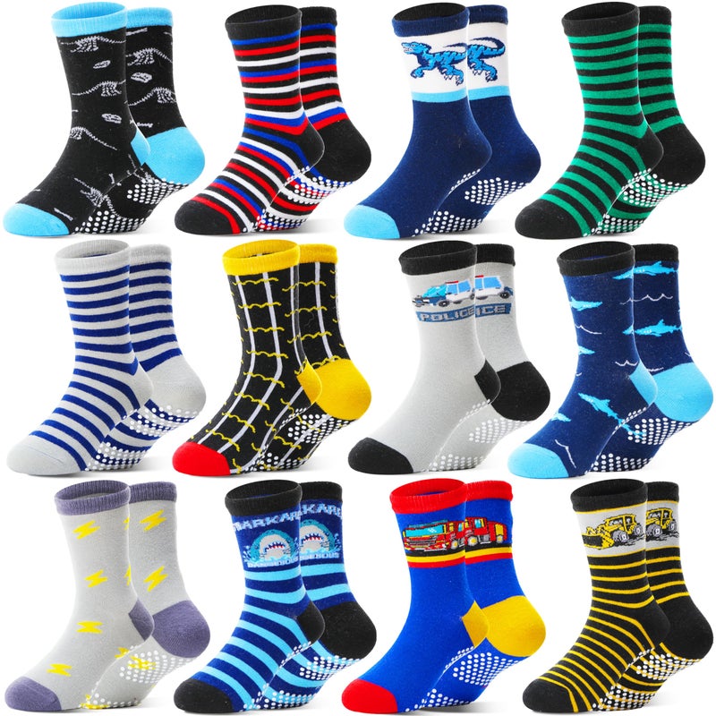 Welwoos Baby Boys Grips Socks Kids Toddlers Infants Non Slip Anti Skid Funny Animal Cartoon Gift Cotton Socks with Grippers 12 Pairs Stocking Stuffers (Dinosaur/Cars/Shark,5-8 Y) - Image 1