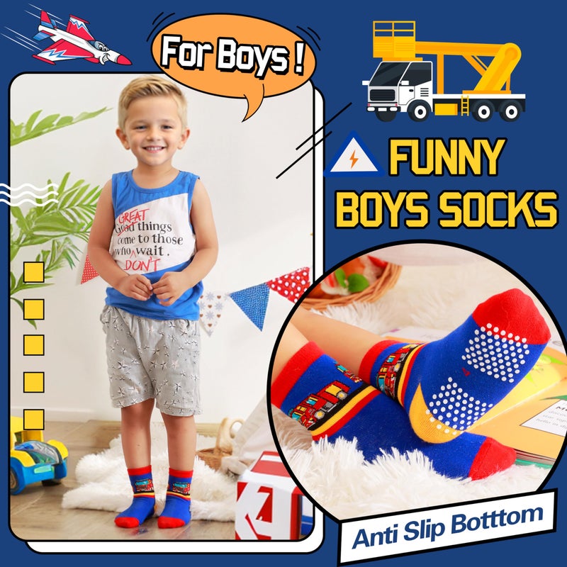 Welwoos Baby Boys Grips Socks Kids Toddlers Infants Non Slip Anti Skid Funny Animal Cartoon Gift Cotton Socks with Grippers 12 Pairs Stocking Stuffers (Dinosaur/Cars/Shark,5-8 Y) - Image 4
