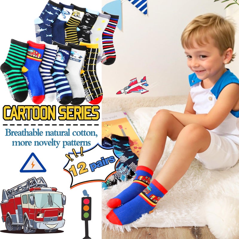 Welwoos Baby Boys Grips Socks Kids Toddlers Infants Non Slip Anti Skid Funny Animal Cartoon Gift Cotton Socks with Grippers 12 Pairs Stocking Stuffers (Dinosaur/Cars/Shark,5-8 Y) - Image 3