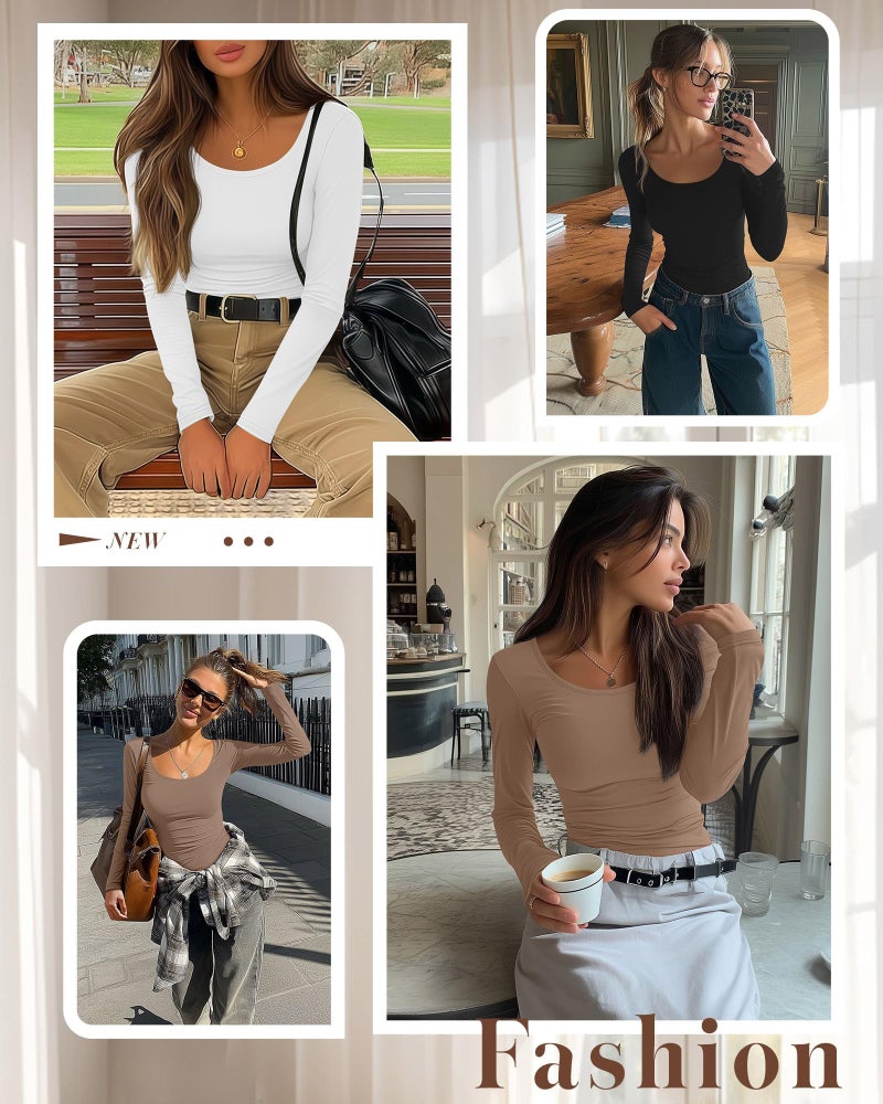 Riyiper 3 Pack Women's Long Sleeve T Shirts, Scoop Neck Under Scrub Layer Tee Basic Casual Shirts Tops(Black, White, Coffee,XL) - Image 2