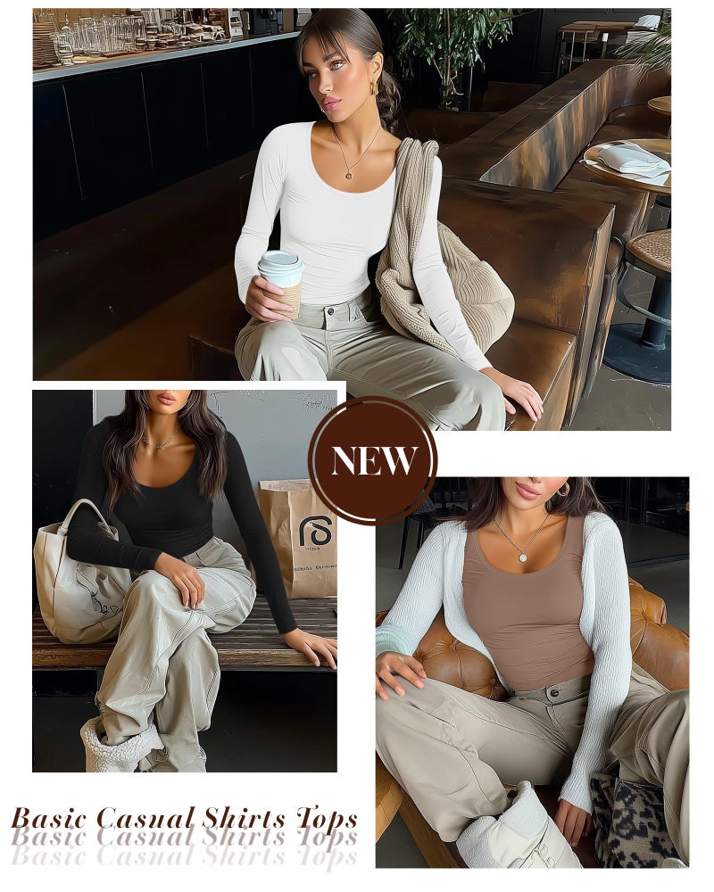 Riyiper 3 Pack Women's Long Sleeve T Shirts, Scoop Neck Under Scrub Layer Tee Basic Casual Shirts Tops(Black, White, Coffee,XL) - Image 4