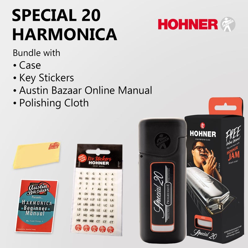 Hohner هونهر سبشال 20 هارمونيكا - مفتاح C مع ملصقات المفاتيح، علبة بلاستيكية، دليل تعليمي، وقماش تلميع أوستن بازار - Image 2