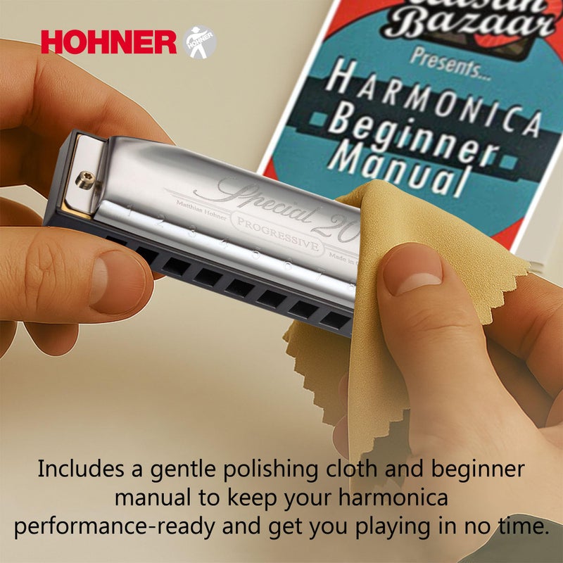 Hohner هونهر سبشال 20 هارمونيكا - مفتاح C مع ملصقات المفاتيح، علبة بلاستيكية، دليل تعليمي، وقماش تلميع أوستن بازار - Image 3