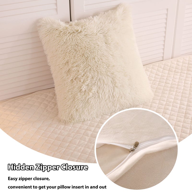 LIFEREVO 2 Pack Cream Fluffy Faux Fur Pillow Shams 18 x 18 Inches Throw Pillow Covers Luxury Decorative Furry Pillowcases Cushion Cover for Christmas Zipper Closure(No Pillow Insert)  Light Beige - Image 5