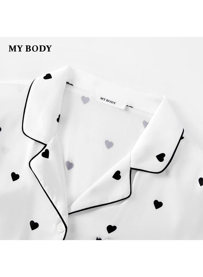 mybody Mybody Women's Silky Smooth Drapey Feel Skin-friendly Love Heart Print Long Sleeve Thin Home Wear Two-piece Set White M  - Image 1