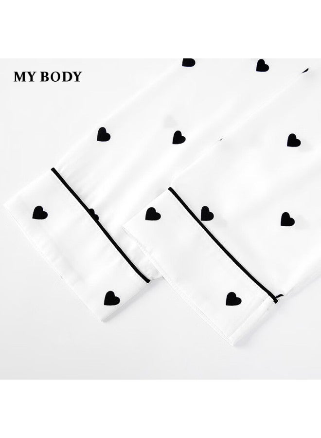 mybody Mybody Women's Silky Smooth Drapey Feel Skin-friendly Love Heart Print Long Sleeve Thin Home Wear Two-piece Set White M  - Image 3