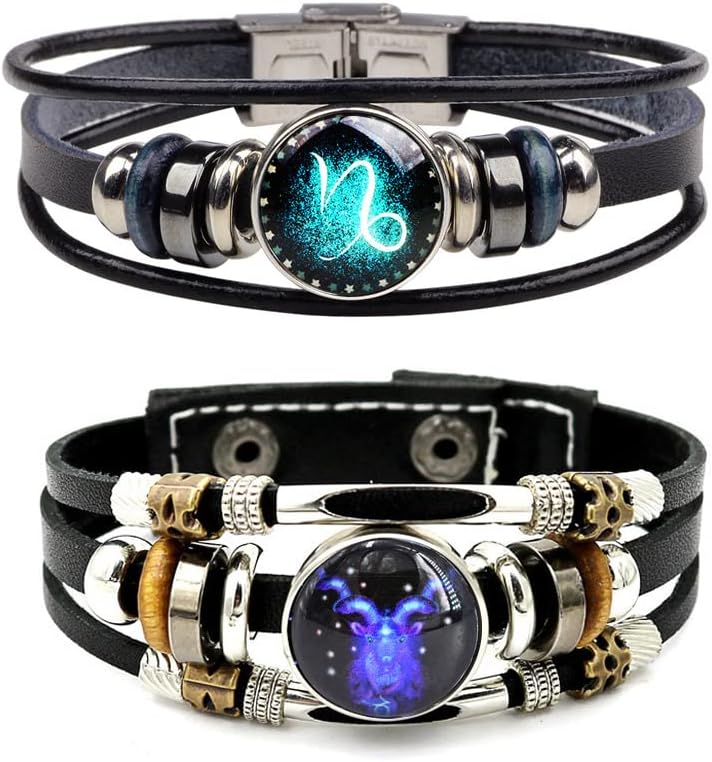 WLL 2Pcs Multilayer Constellation Zodiac Leather Bracelet for Women Men Handmade Woven Zodiac Sign Wrap Wristband Bracelet Couple BFF Birthday Jewelry - Image 1