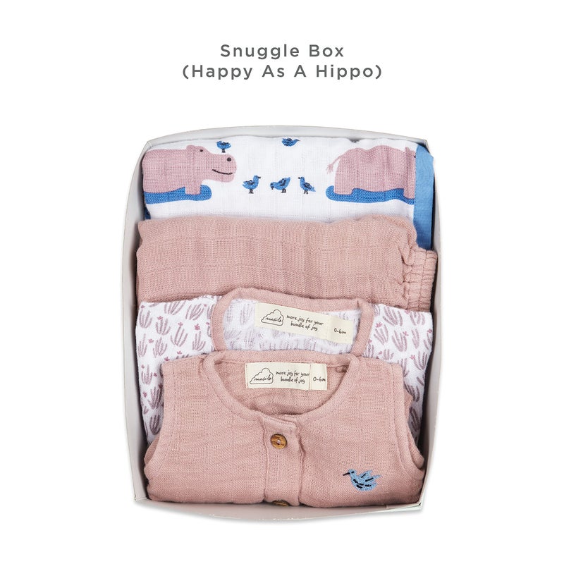 Masilo 100% Organic Cotton Muslin Snuggle Gift Set for New Born Boys and Girls-Baby Romper/Kimono Lounge Set/Stroller Blanket (70 x 70cm)-0-6 Months-Hippo - Image 2