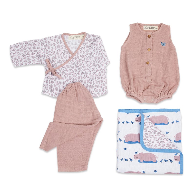 Masilo 100% Organic Cotton Muslin Snuggle Gift Set for New Born Boys and Girls-Baby Romper/Kimono Lounge Set/Stroller Blanket (70 x 70cm)-0-6 Months-Hippo - Image 1