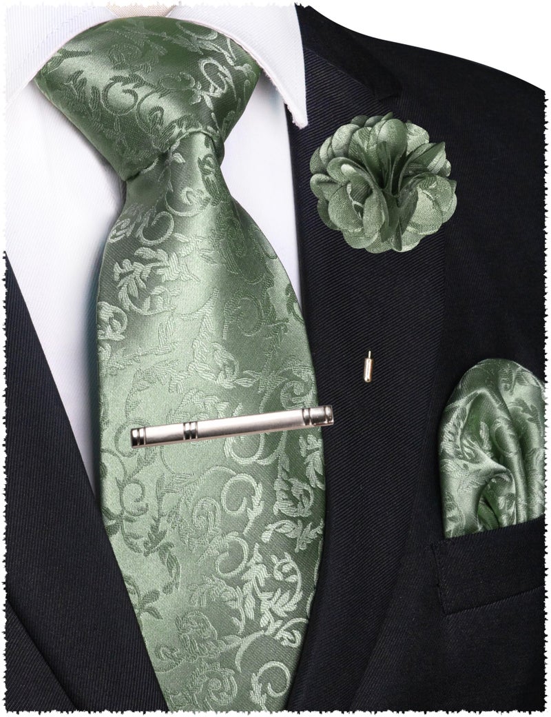 JEMYGINS Mens Sage Green Floral Tie and Lapel Pin Necktie Pocket Square and Tie Clip with Sets for Business Casual 4PCS(26) - Image 2