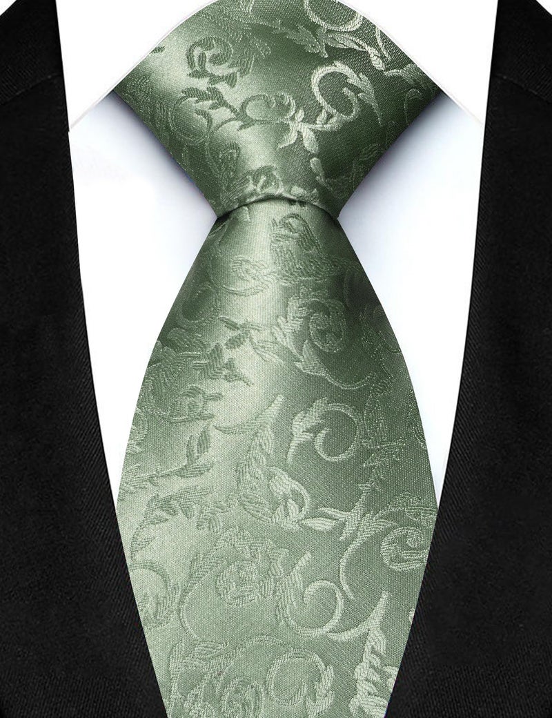 JEMYGINS Mens Sage Green Floral Tie and Lapel Pin Necktie Pocket Square and Tie Clip with Sets for Business Casual 4PCS(26) - Image 3