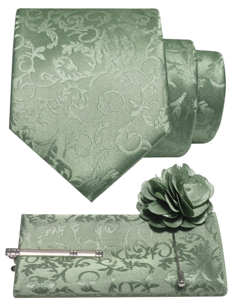 JEMYGINS Mens Sage Green Floral Tie and Lapel Pin Necktie Pocket Square and Tie Clip with Sets for Business Casual 4PCS(26) - Image 1