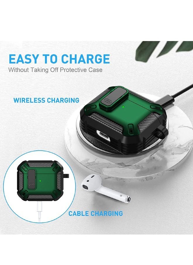 Generic - Protective Case with Lock for Airpods 3/2021, Military Hard Shell Rugged Shockproof Cover with Keychain Compatible with Apple Airpods 3rd Generation 2021 (Black/Green) - Image 1