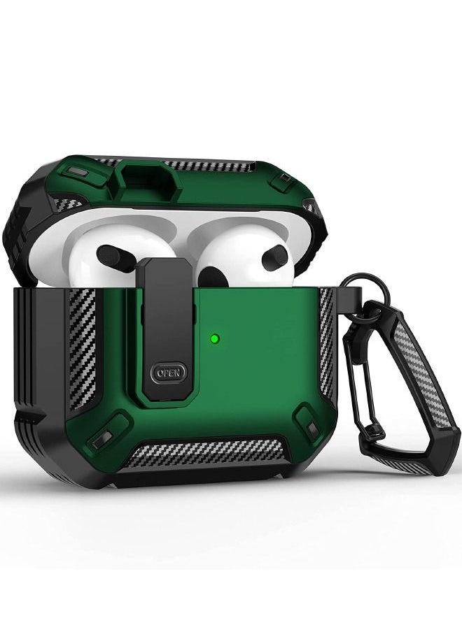 Generic - Protective Case with Lock for Airpods 3/2021, Military Hard Shell Rugged Shockproof Cover with Keychain Compatible with Apple Airpods 3rd Generation 2021 (Black/Green) - Image 1