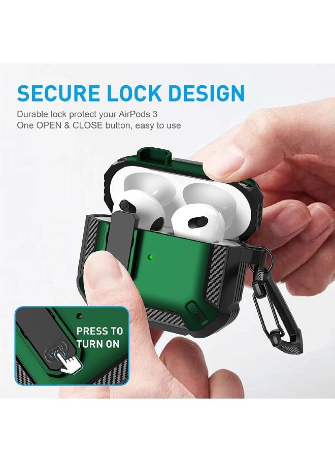 Generic - Protective Case with Lock for Airpods 3/2021, Military Hard Shell Rugged Shockproof Cover with Keychain Compatible with Apple Airpods 3rd Generation 2021 (Black/Green) - Image 1