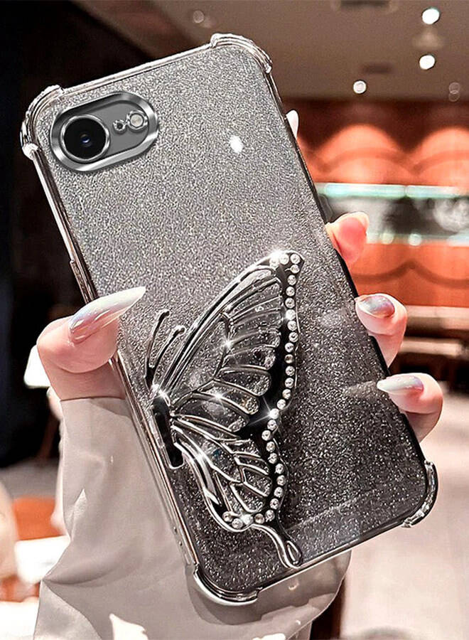 Glitter Case for iPhone 16e，Camera Lens Protector，Sparkly Butterfly Kickstand， Luxury Gradient Shockproof iPhone 16 e Cover for Women Girls Gift，Silver - Image 1