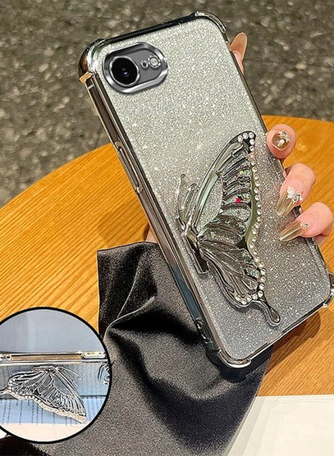 Glitter Case for iPhone 16e，Camera Lens Protector，Sparkly Butterfly Kickstand， Luxury Gradient Shockproof iPhone 16 e Cover for Women Girls Gift，Silver - Image 2