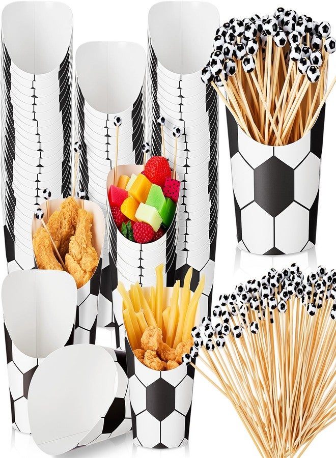 Jingmore 50 Pcs Charcuterie Cups with 100 Bamboo Cocktail Picks, 12 oz Disposable Cardboard Snack Dessert Appetizer French Fry Cups for Birthday Party Supplies Decoration(Soccer) - Image 1