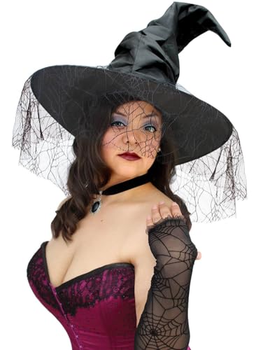 OLYPHAN Witch Costume for Women Halloween with Witch Hat Black Hooded Cloak Cape Spider Lace Gloves and Antique Like Pendant Choker Black Witch 4PC Accessories Set - Image 3
