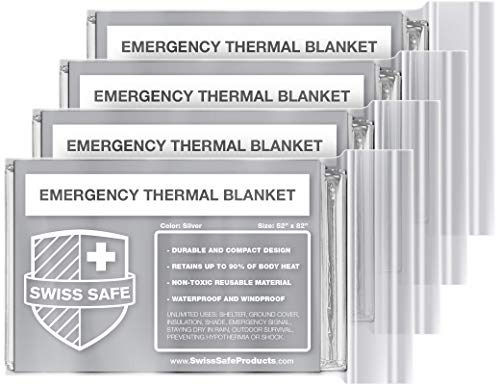 Swiss Safe 4 Pack Mylar Emergency Blankets for Survival  Compact  Insulated for Cold Weather  Designed for NASA Outdoor Running Camping Survival First Aid Car Kit  Silver 4 Pack