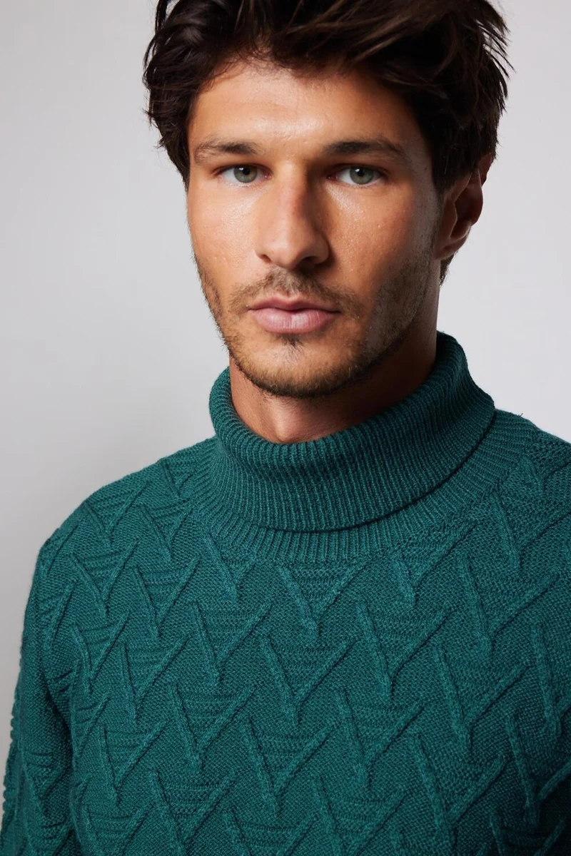 تودورس Slim Fit Slim Fit Full Turtleneck Patterned Green Men's Sweater