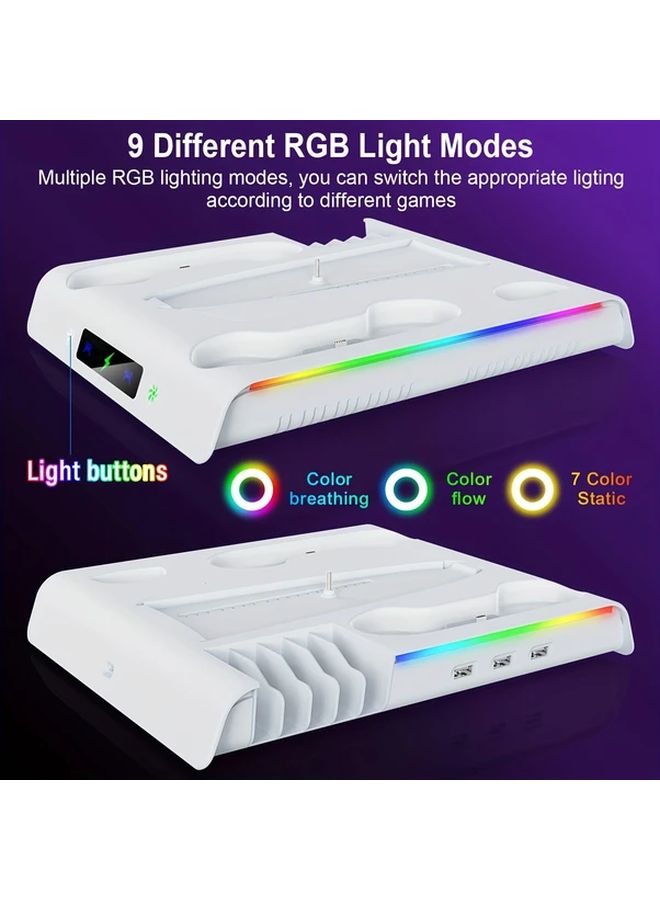 حامل تبريد PS5 أبيض مع حامل شحن لجهازي تحكم ومروحة وخطاف لسماعات الرأس (RGB) - Image 3