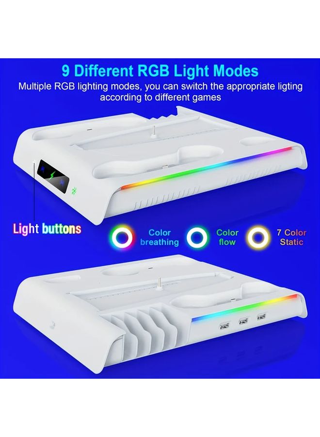 حامل تبريد PS5 أبيض مع حامل شحن لجهازي تحكم ومروحة وخطاف لسماعات الرأس (RGB) - Image 1