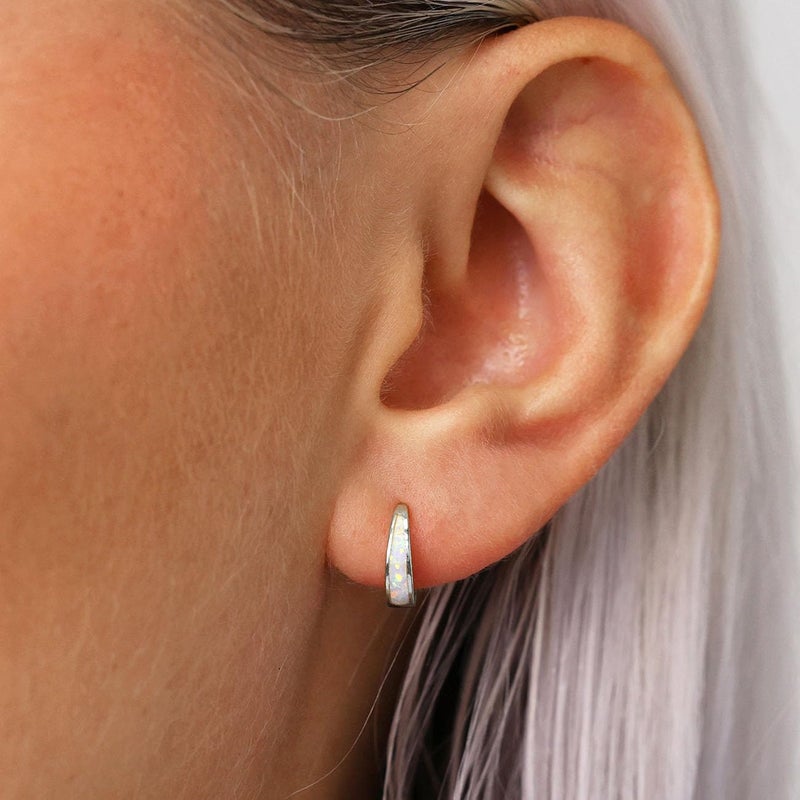 Jacruces Silver Earrings for Women Trendy White Opal Huggie Earrings Small Silver Hoop Earring 14k Gold Plated Opal Jewelry Birthday Gifts for Women Mom Her - Image 3